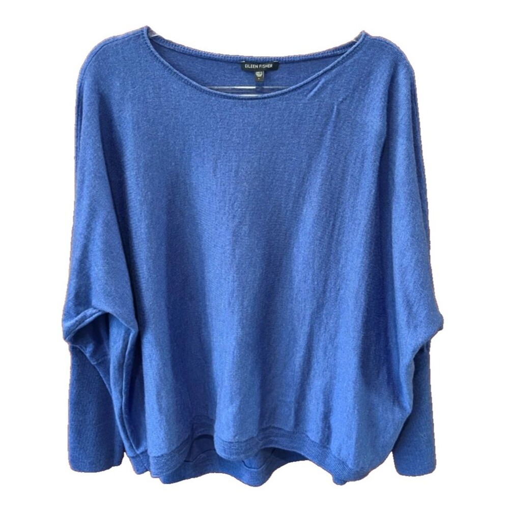Eileen Fisher Bateau Neck Box Top Swoop Sweater Size L Womens NEW Blue Knit Wool
